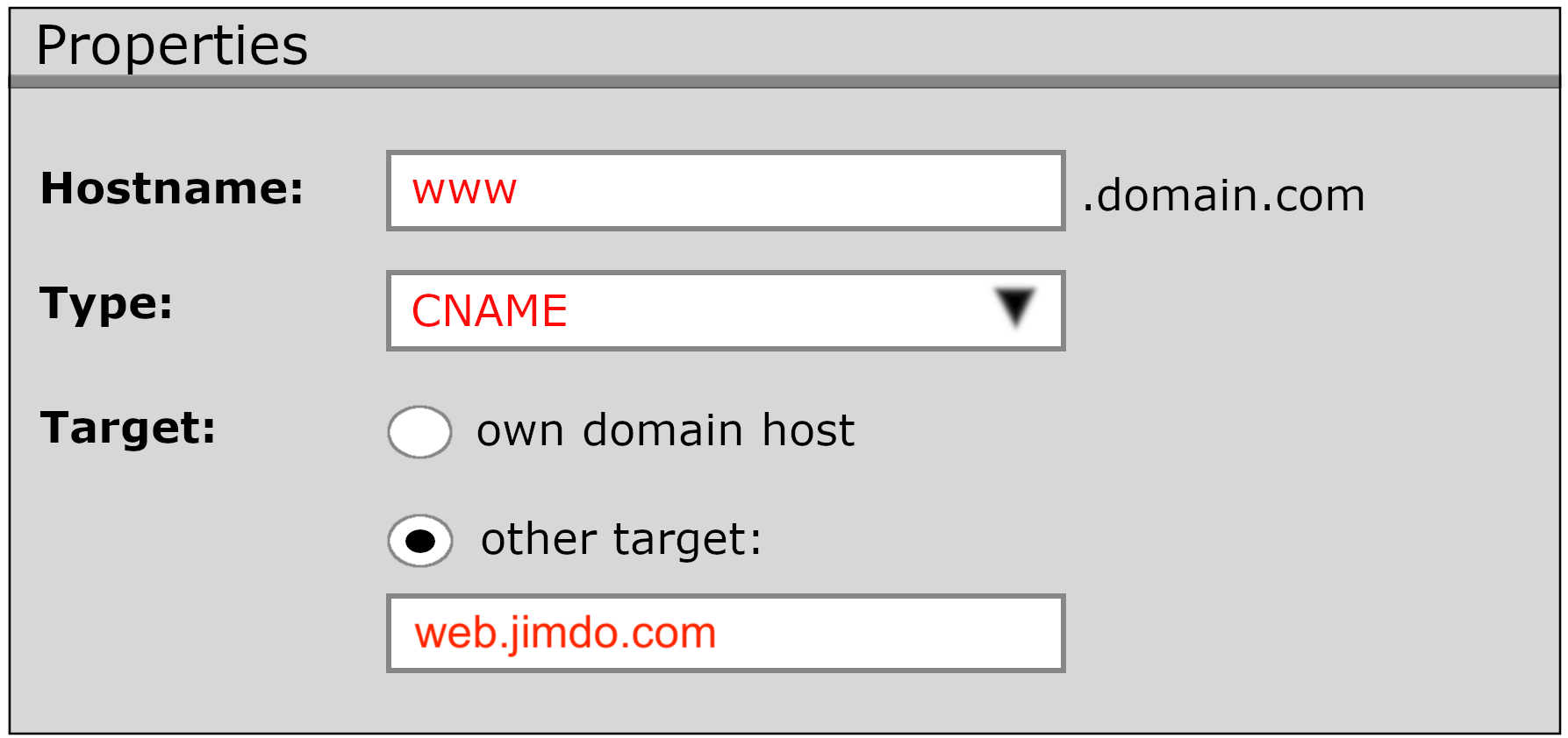 Example illustration of setting up a CNAME redirect at a domain provider. The image shows how a domain is forwarded to the subdomain www. by adding a CNAME record in the provider's DNS settings section.