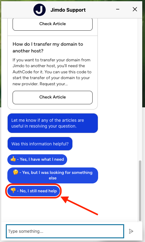 Screenshot of the Jimdo chatbot on a Jimdo site. The chat shows a conversation with the chatbot. At the bottom, the option 'No, I still need help' is highlighted to send a support ticket.