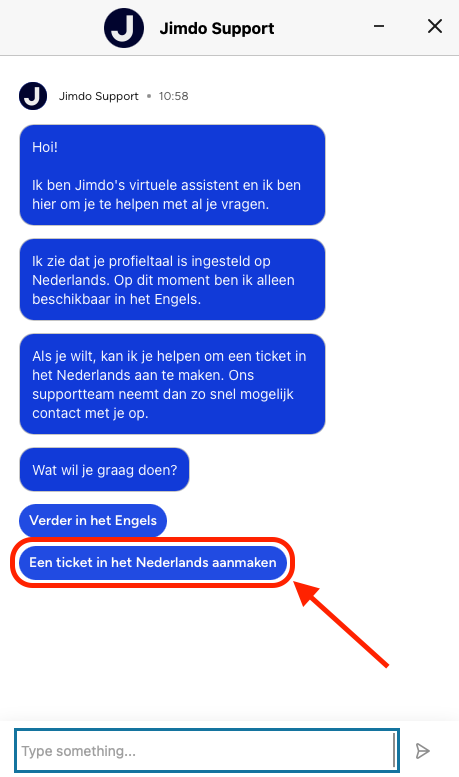 Afbeelding van de Jimdo-chatbot met de gemarkeerde optie om een supportticket in het Nederlands te verzenden.