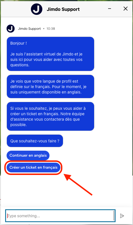 Image du chatbot Jimdo avec l’option de créer un ticket de support en français mise en évidence.