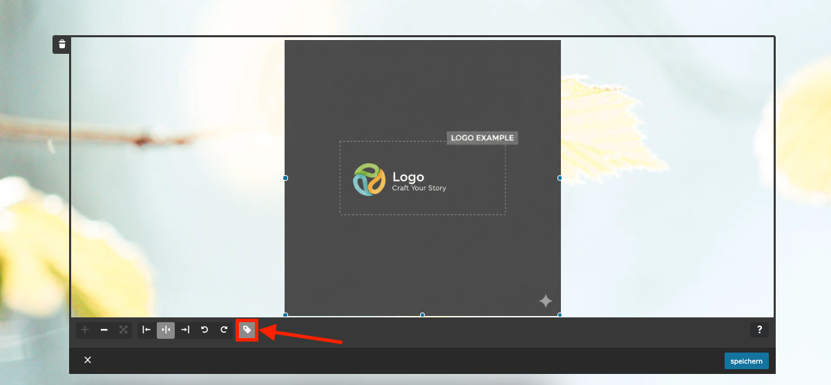 Alternativ-Text-Symbol im Bearbeitungsmenü des Logos, mit rotem Quadrat und rotem Pfeil hervorgehoben.
