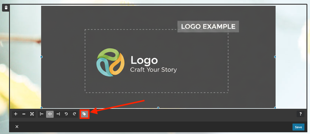 Alt text icon in the logo editing menu, highlighted with a red square and red arrow.