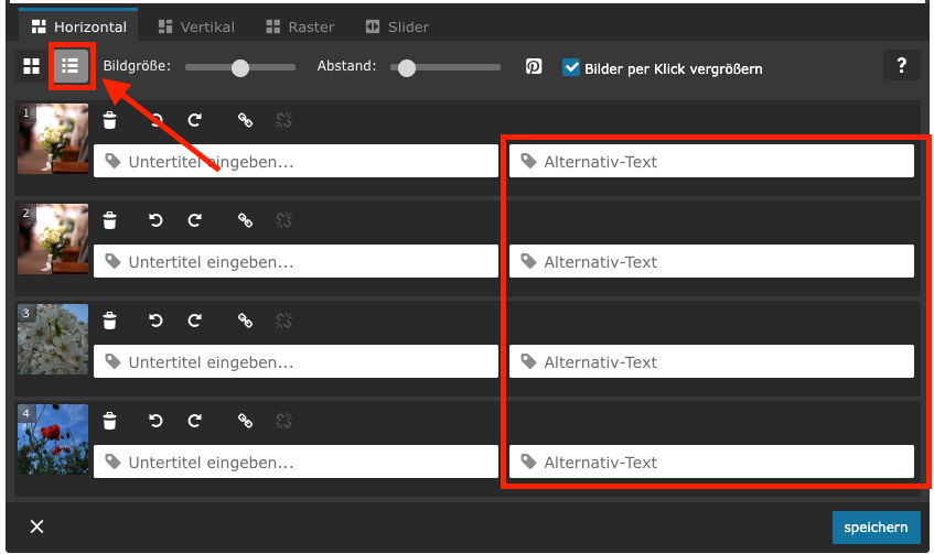 Listen Symbol im Bearbeitungsmenü der Bilder Galerie sowie markierter Bereich um die Eingabefelder für den Alternativ Text, jeweils mit rotem Rahmen und rotem Pfeil hervorgehoben.