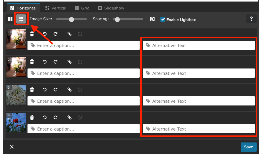 List icon in the Image Gallery edit menu, as well as the highlighted area around the alternative text input fields, each marked with a red outline and red arrow.