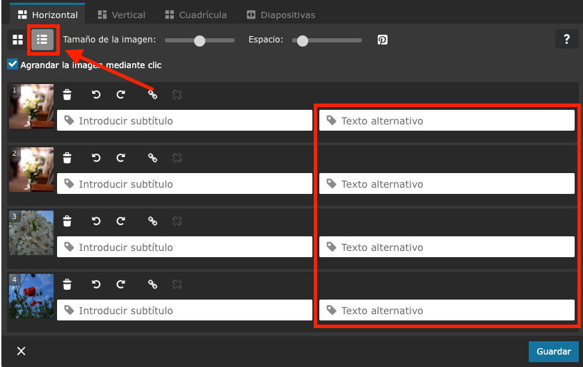 Icono de lista en el menú de edición de la Galería de imágenes, así como el área marcada alrededor de los campos de entrada del texto alternativo, cada uno resaltado con un marco rojo y una flecha roja.