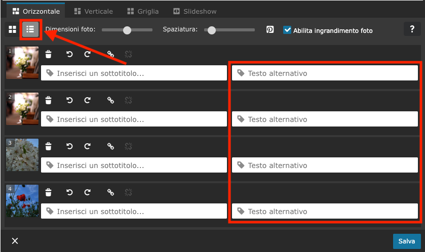 Icona elenco nel menu di modifica della Galleria di immagini, così come l’area evidenziata attorno ai campi di inserimento del testo alternativo, ciascuno contrassegnato da un riquadro rosso e una freccia rossa.